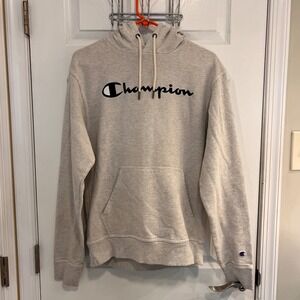 Champion Mens Oatmeal Heather Grey Script Logo Pullover Hoodie Small